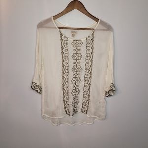 Lucky Brand | Ivory 3/4 Sleeve Sheer Blouse w/ Gold Embroidery